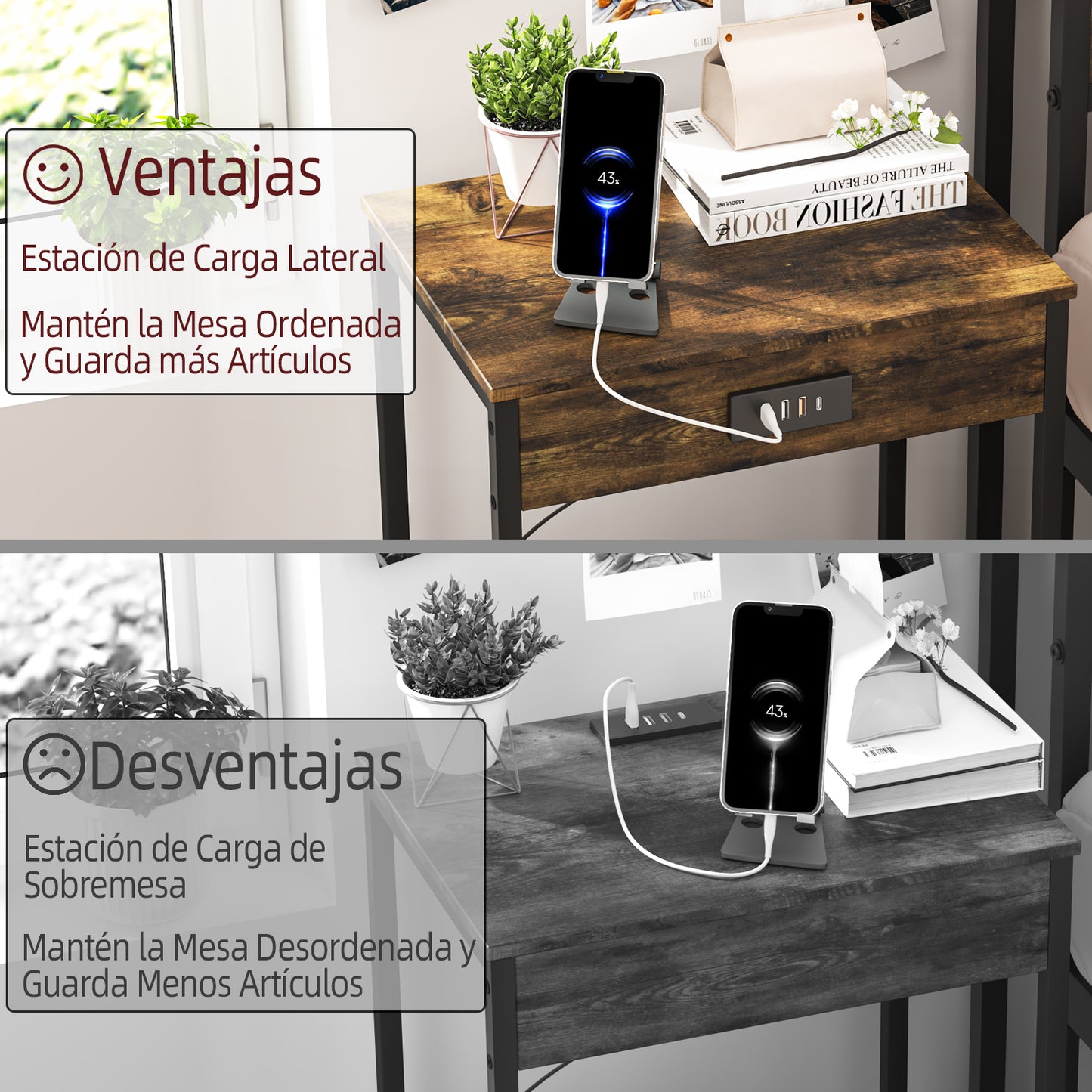 Mesa Auxiliar con Estación de Carga Vintage