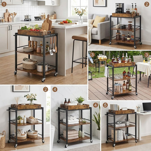 Carrito de Bar, Carrito de Servicio de Cocina, Carrito Utilitario con Ruedas y Asa Marrón Rústico y Negro