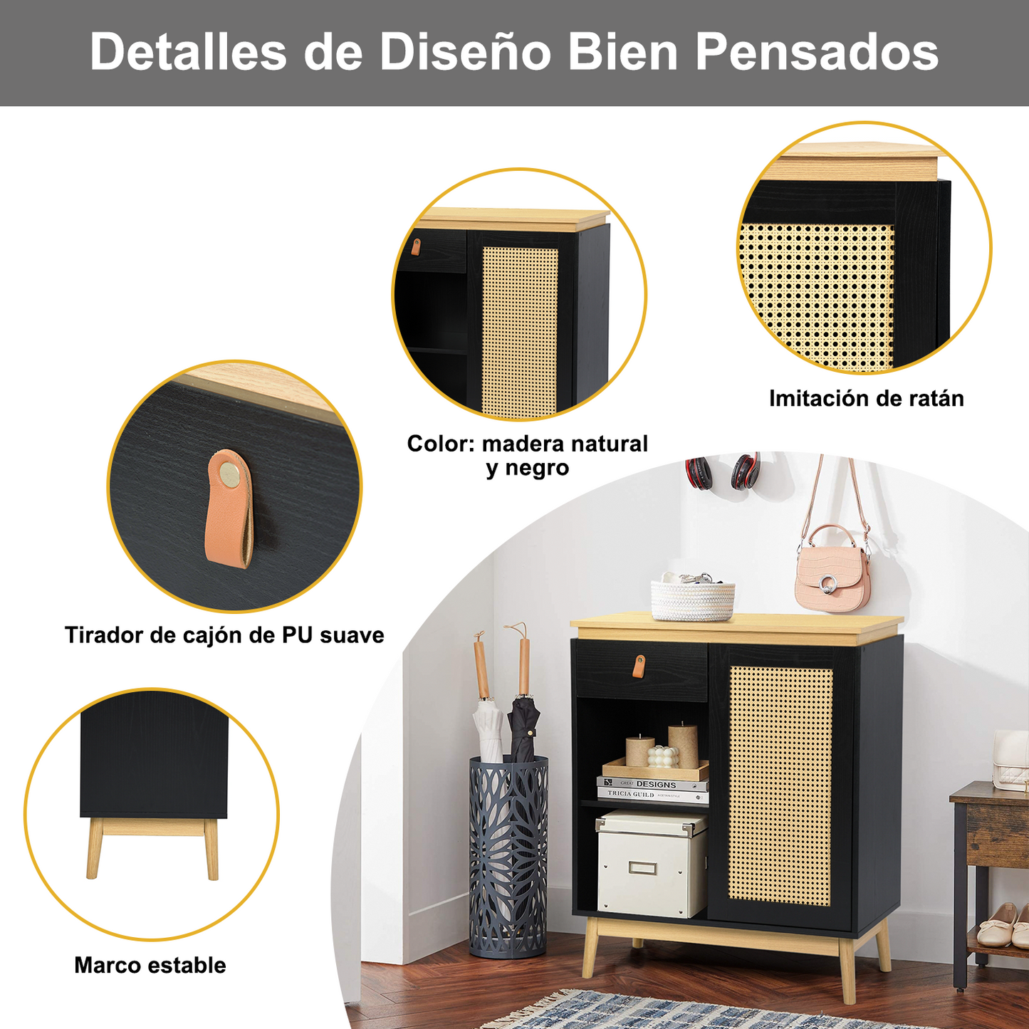 Gabinete de Bufé Aparador, Gabinete de Almacenamiento de Cocina con Puertas Decoradas de Ratán Negro