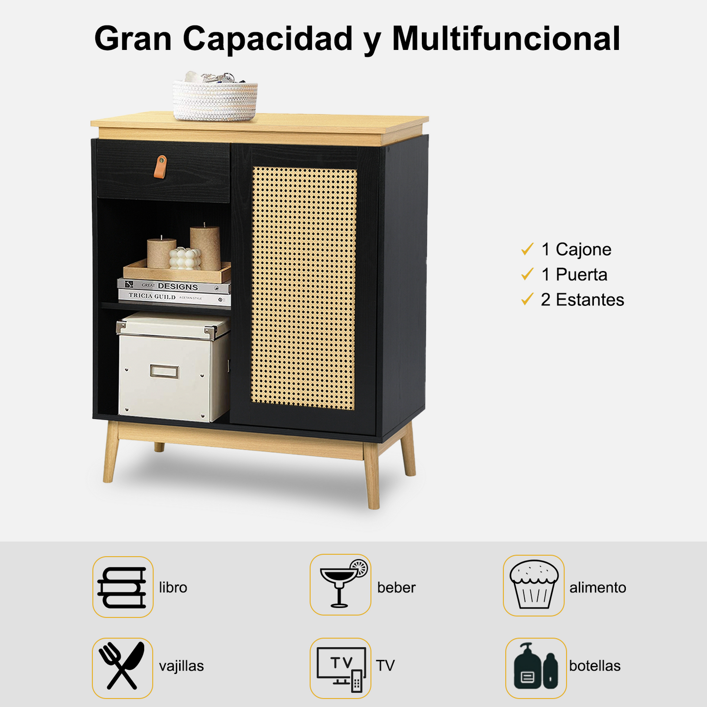 Gabinete de Bufé Aparador, Gabinete de Almacenamiento de Cocina con Puertas Decoradas de Ratán Negro
