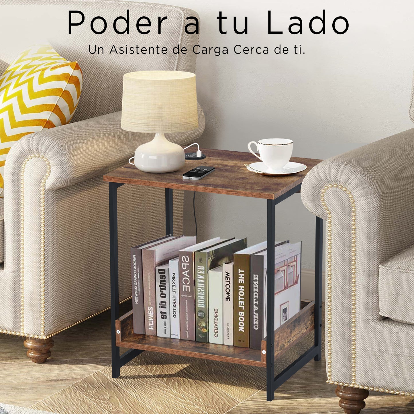 Mesita de Noche con Carga Inalámbrica Marrón