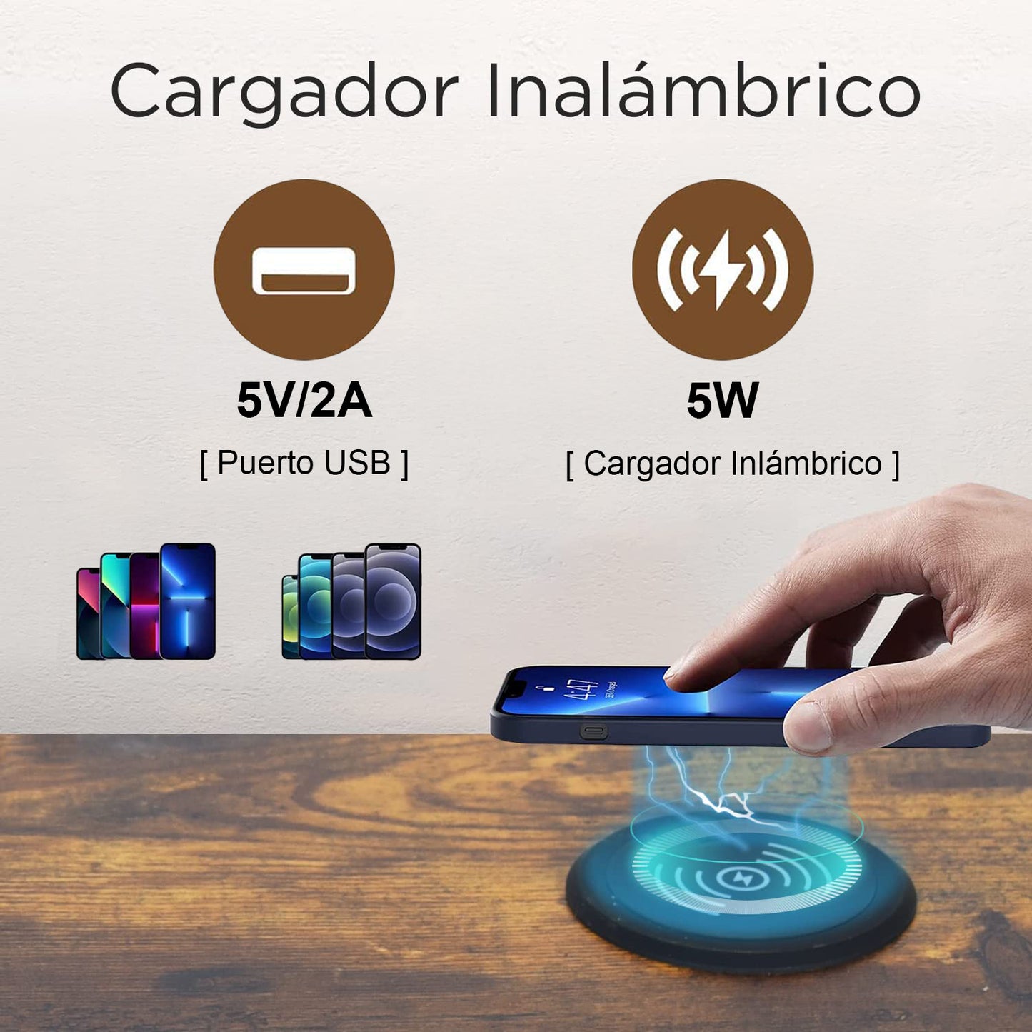 Mesita de Noche con Carga Inalámbrica Marrón