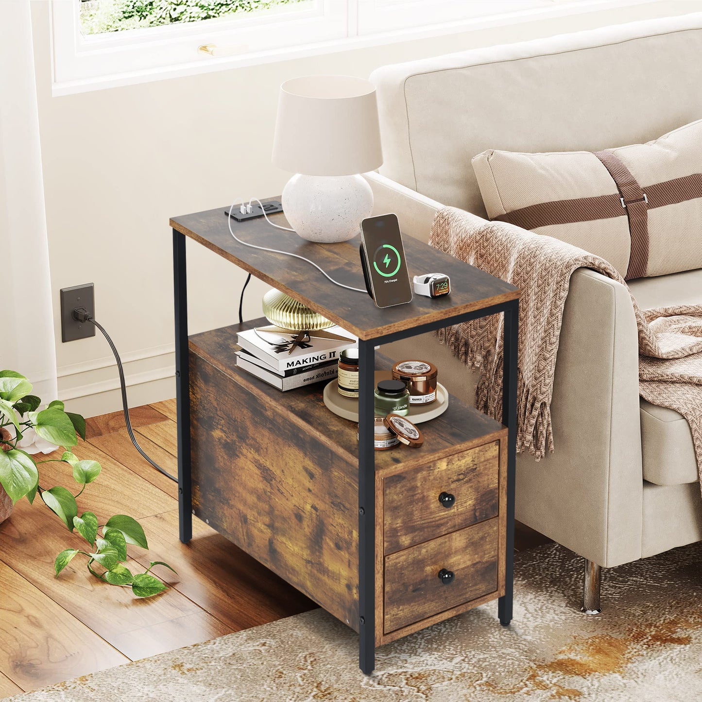 Mesa Auxiliar con Estación de Carga Marrón