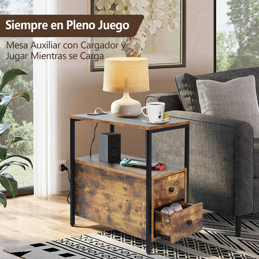 Mesa Auxiliar con Estación de Carga Marrón