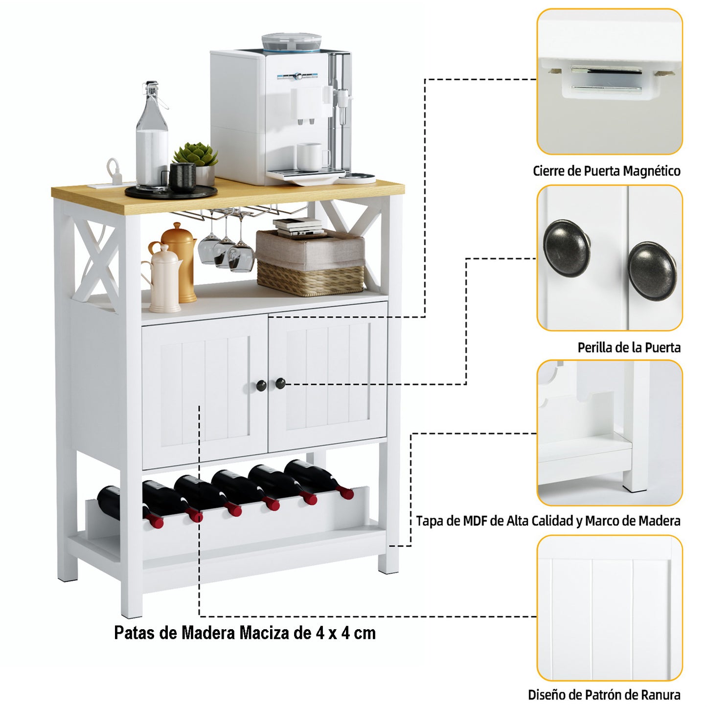 Country House Mueble Bar de Café con Tomas de Corriente y Puertos USB Blanco y Natural
