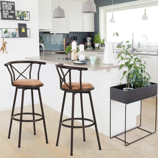 Set de 2 Bancos Altos para Barra Estructura con Recubrimiento Polvo Café Obscuro Asiento Tapizado en Tela Vintage