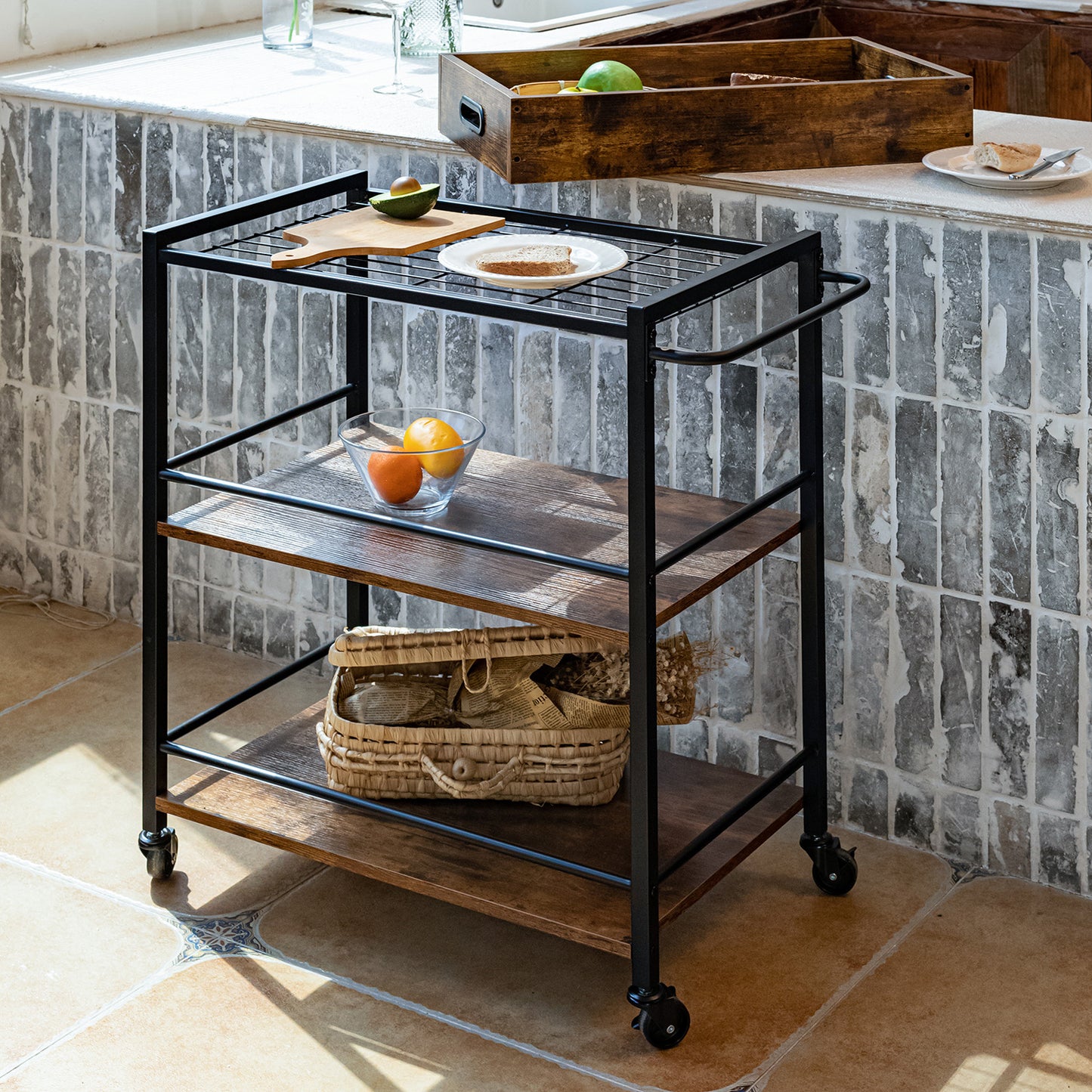 Carrito de Bar, Carrito de Servicio de Cocina, Carrito Utilitario con Ruedas y Asa Marrón Rústico y Negro
