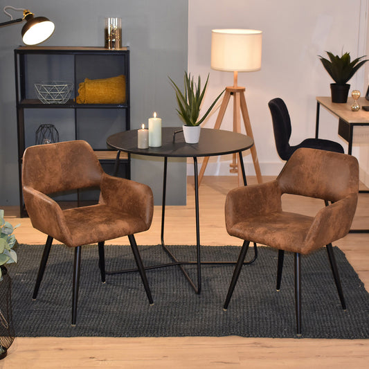 Set de 2 Sillas Decorativas Vintage para Comedor o Sala con Descansabrazos Tapizadas en Piel Sintética Café