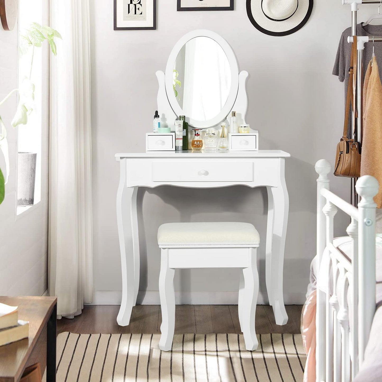Conjunto de Mesa de Tocadores con Espejo Oval Blanco