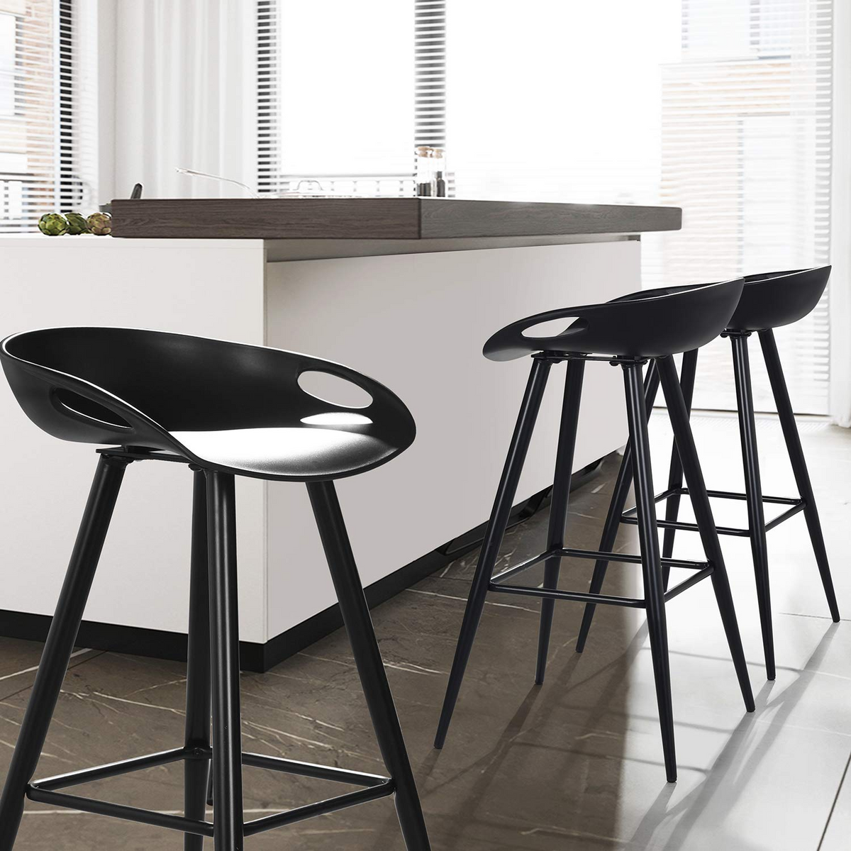Set de 2 Bancos para Barra Modernos y Contemporáneos con Patas y Asiento PP en Negro