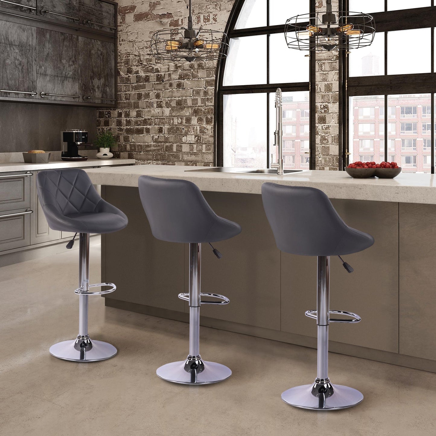 Set de 2 Bancos Giratorios 360˚ con Altura Ajustable Tapizados en Piel Sintética PU Gris