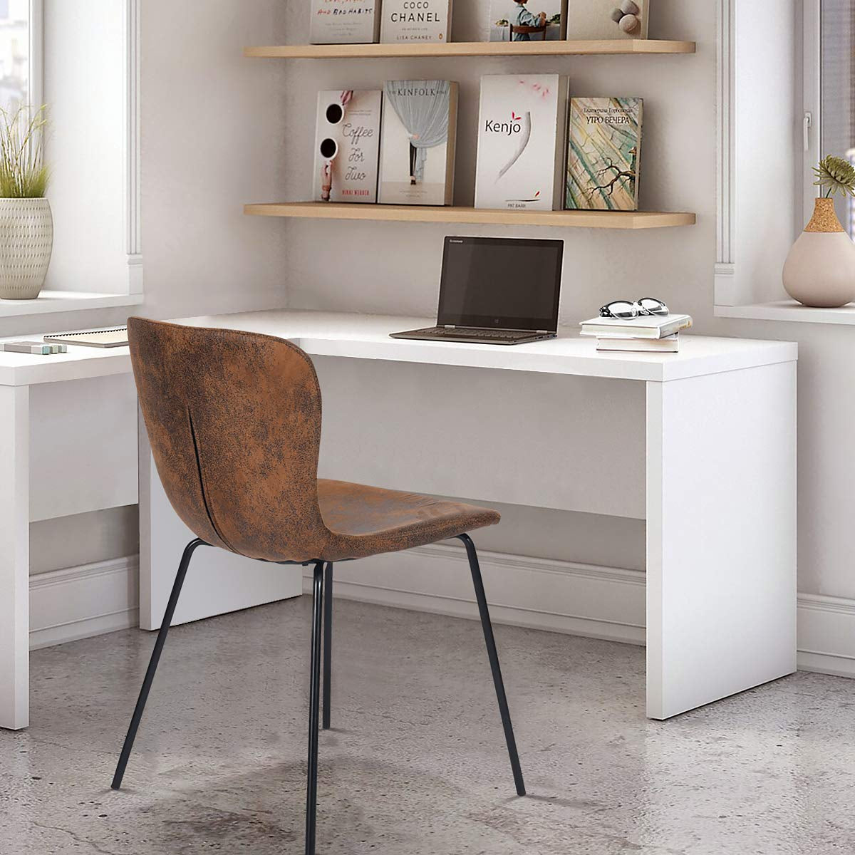 Juego de 4 Sillas de Comedor Patas de Metal | Piel Sintética Suede Café