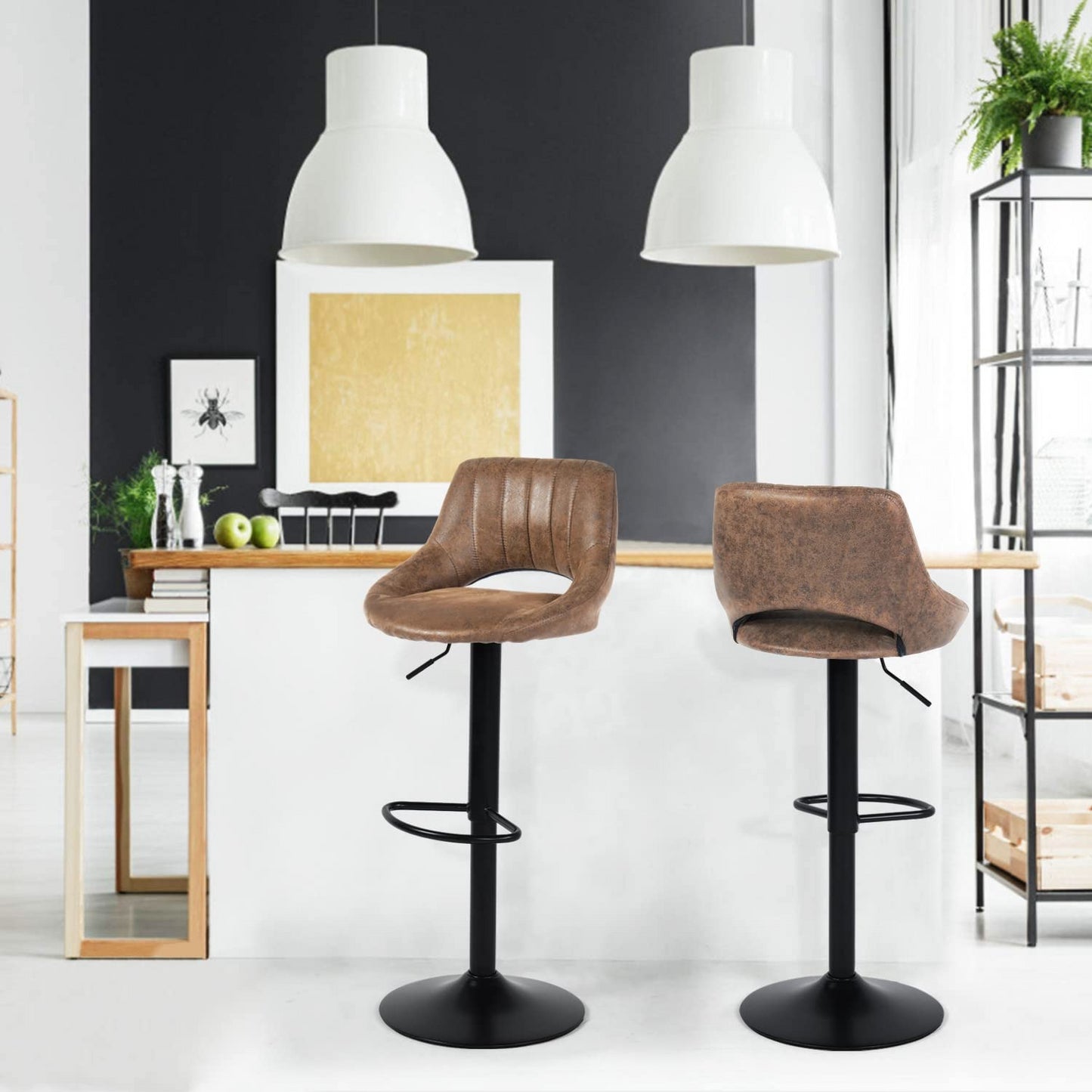 Set de 2 Bancos Altos para Barra con Altura Ajustable y Función Giratoria 360˚ Tapizados en Piel Sintética PU - Café