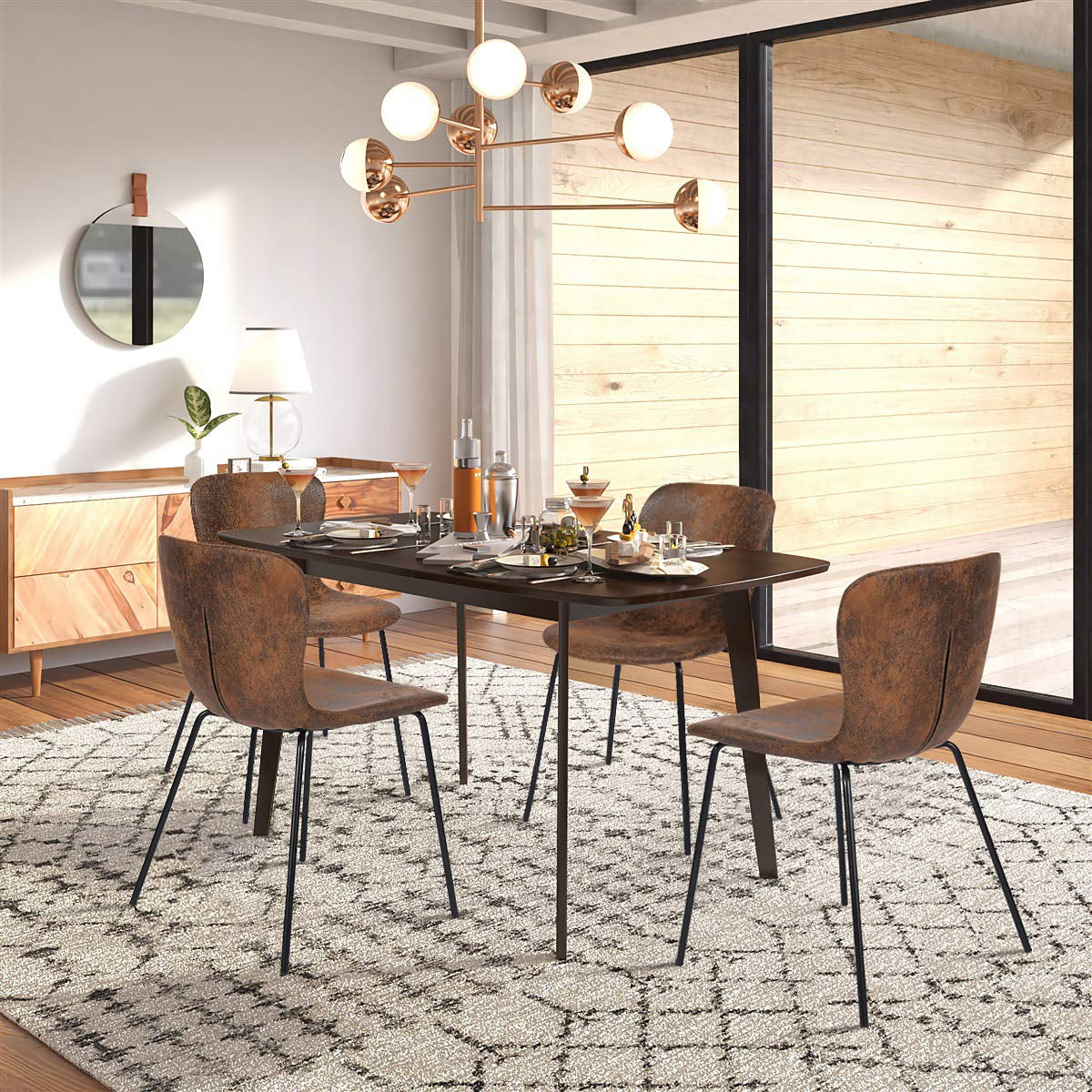 Juego de 4 Sillas de Comedor Patas de Metal | Piel Sintética Suede Café