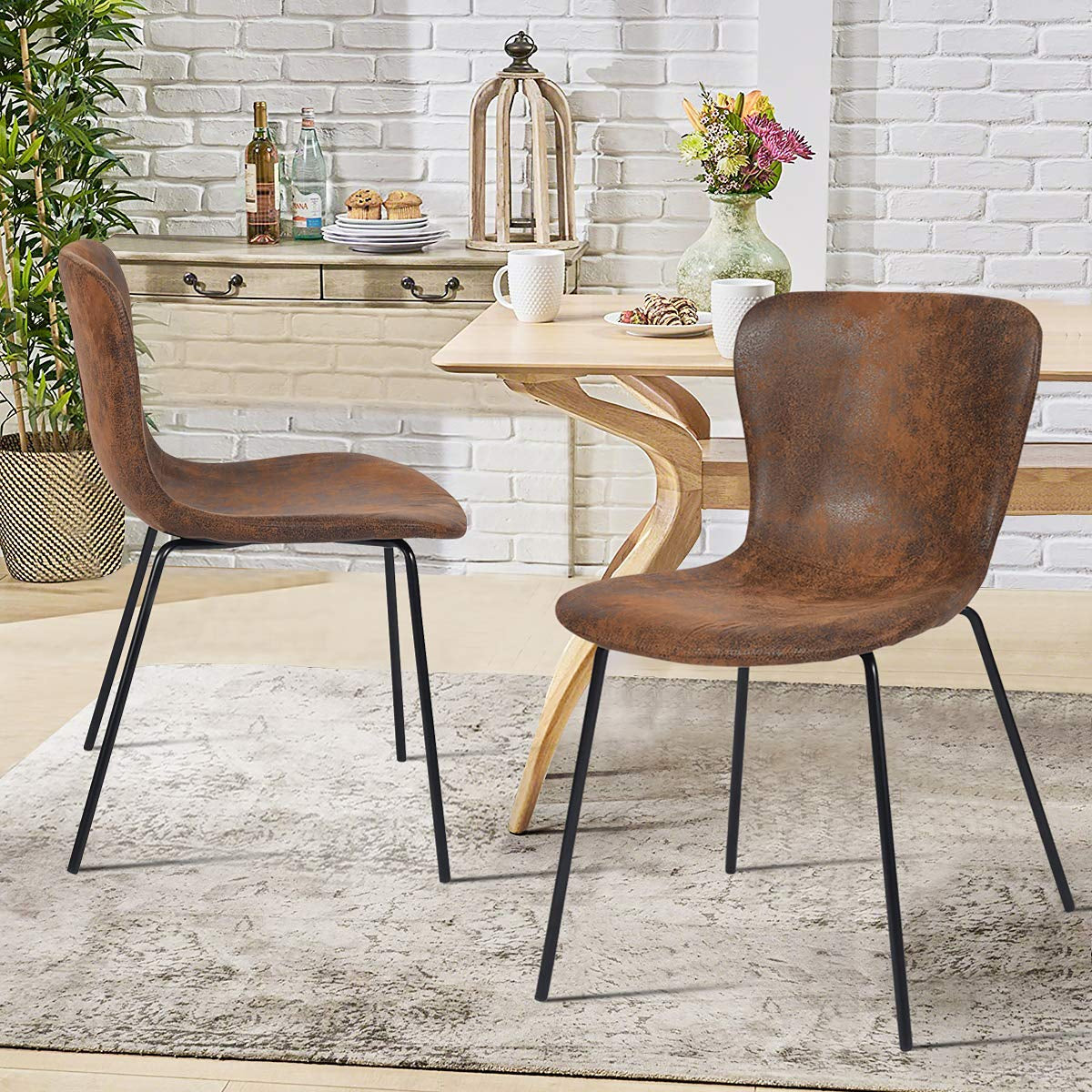 Juego de 4 Sillas de Comedor Patas de Metal | Piel Sintética Suede Café