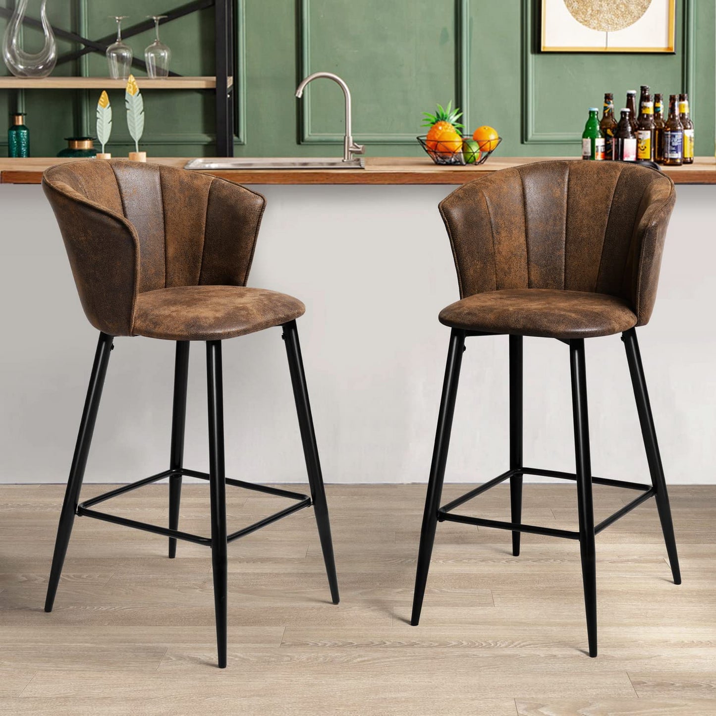Set de 2 Bancos Altos para Barra de Cocina o Bar Tapizado Café Vintage