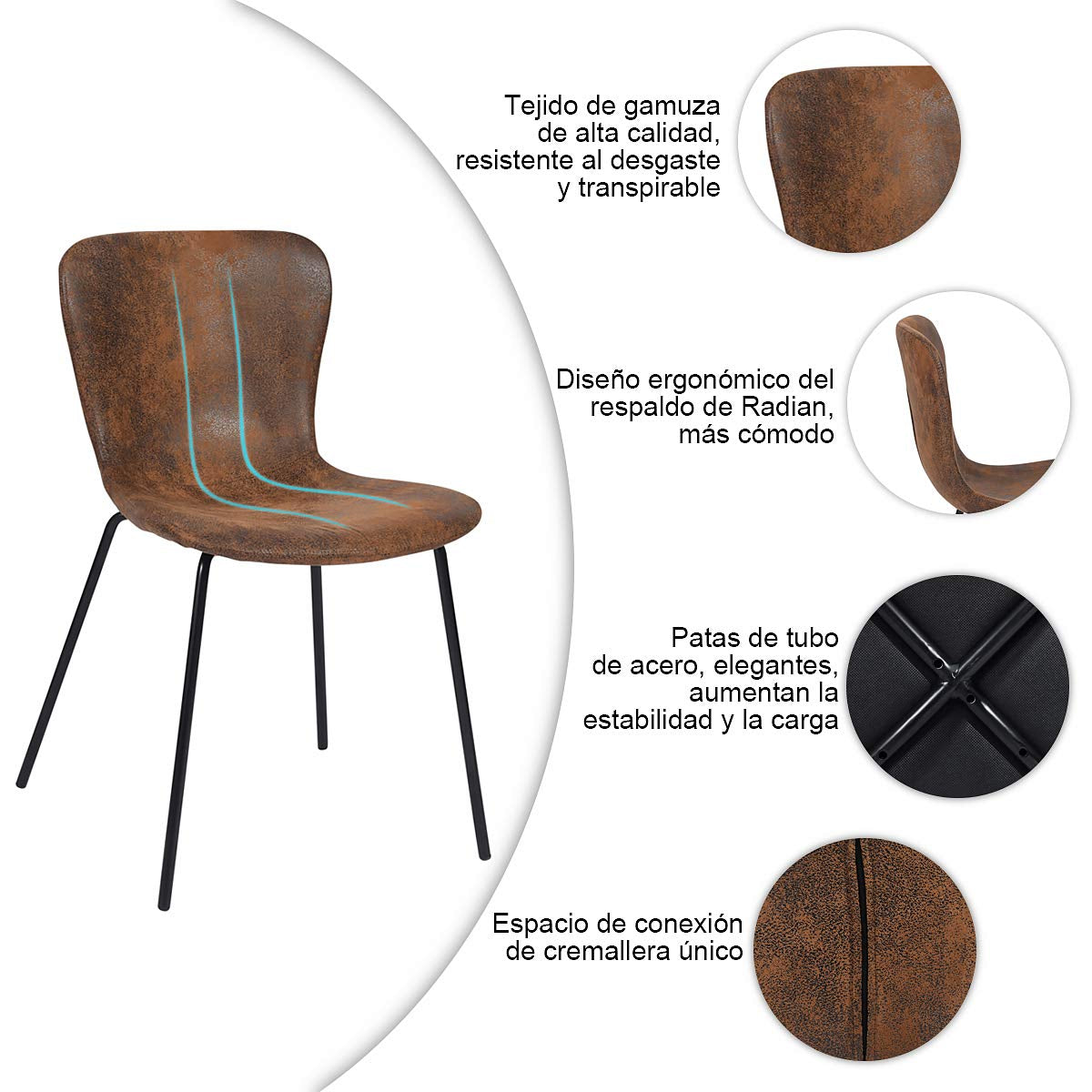 Juego de 4 Sillas de Comedor Patas de Metal | Piel Sintética Suede Café
