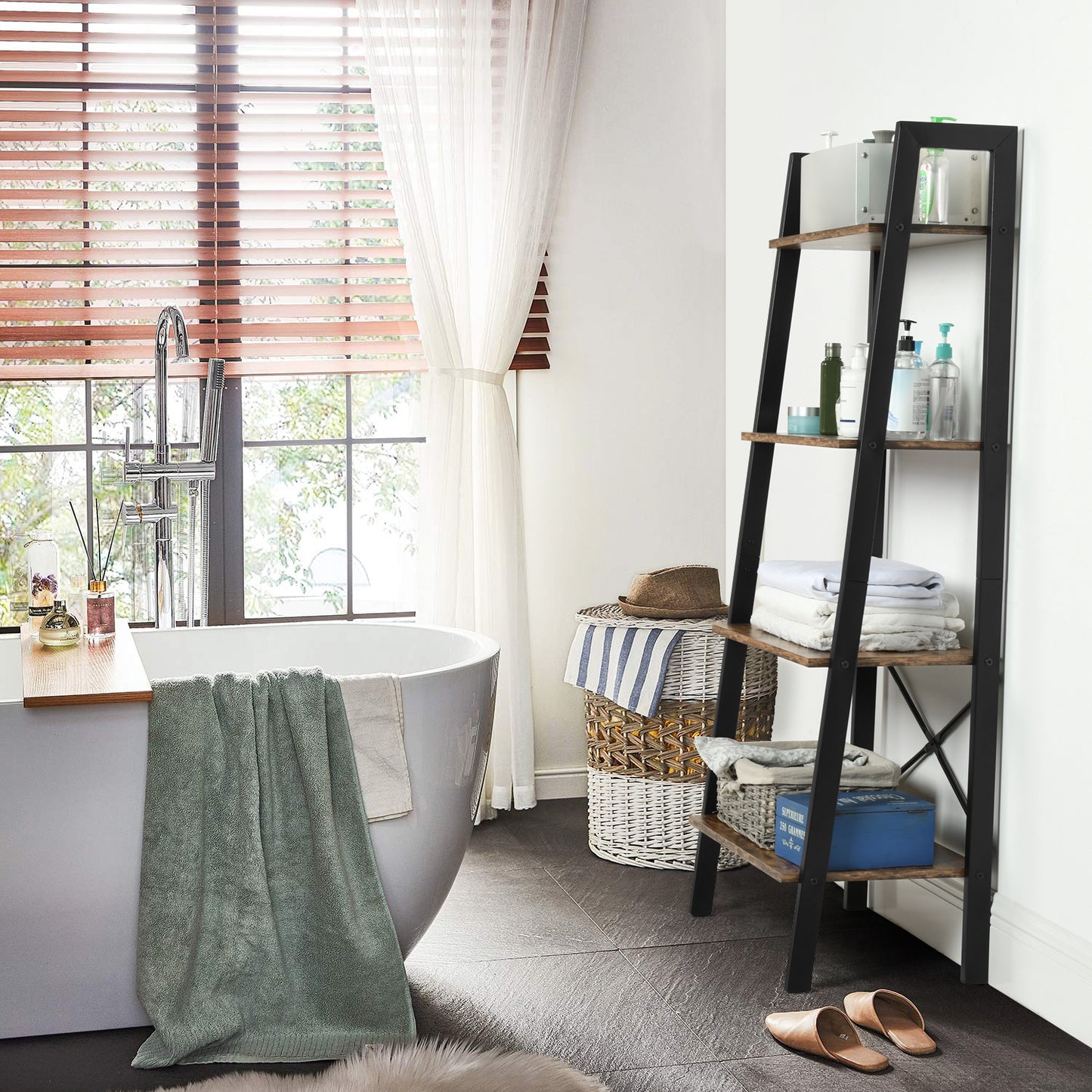 Estantería de Escalera, Estantería de 4 Niveles, Estantes de Almacenamiento, Baño, Sala de Estar