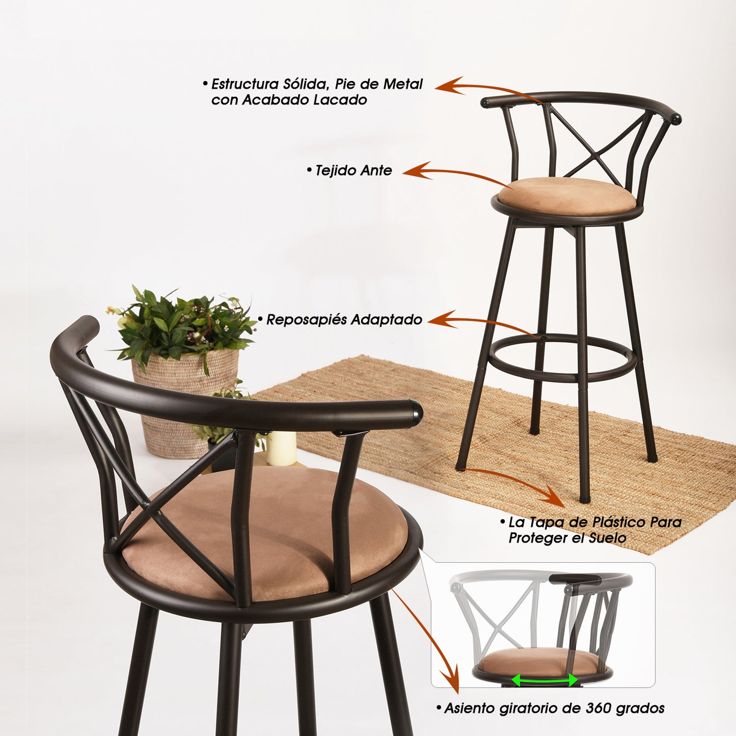 Set de 2 Bancos Altos para Barra Estructura con Recubrimiento Polvo Café Obscuro Asiento Tapizado en Tela Vintage