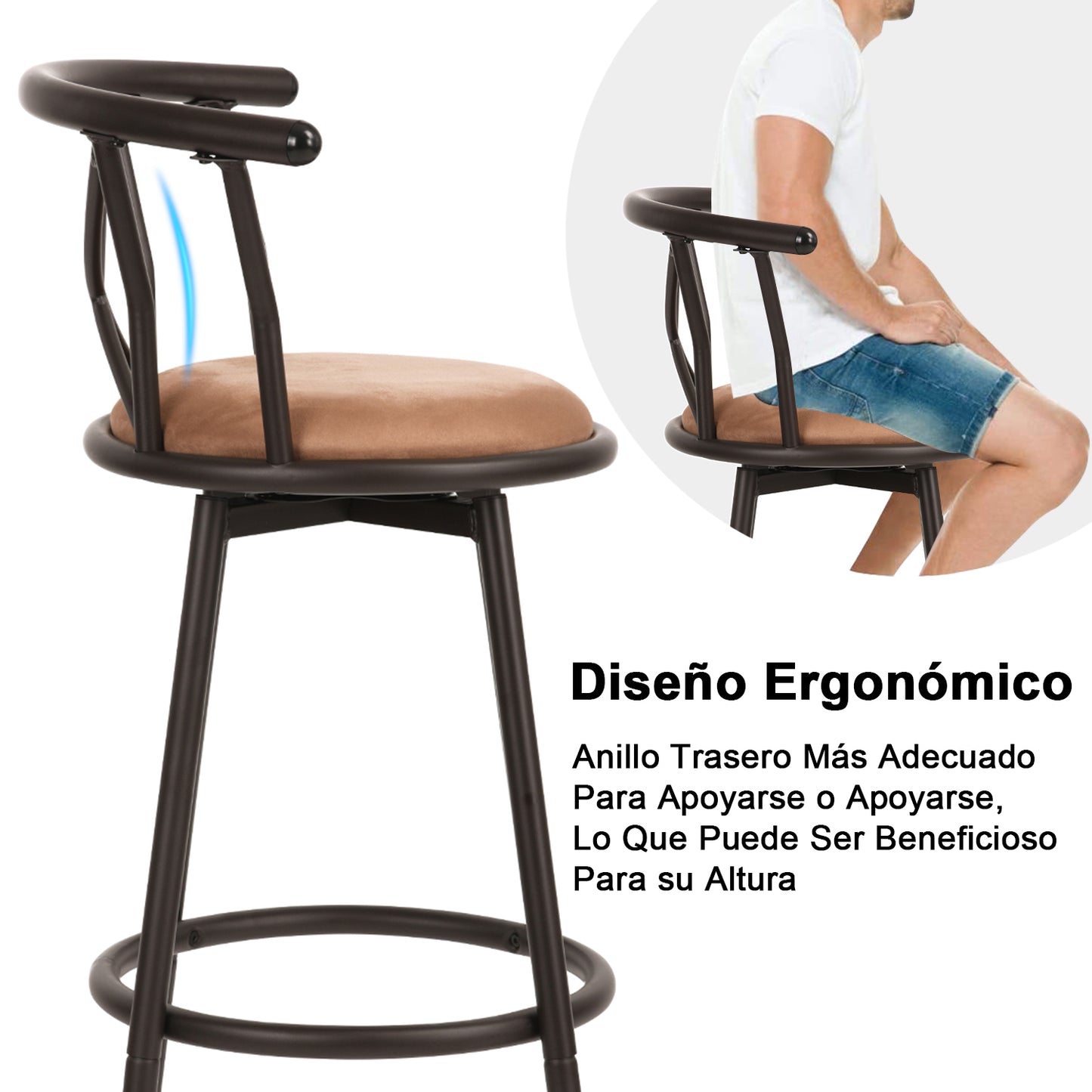 Set de 2 Bancos Altos para Barra Estructura con Recubrimiento Polvo Café Obscuro Asiento Tapizado en Tela Vintage