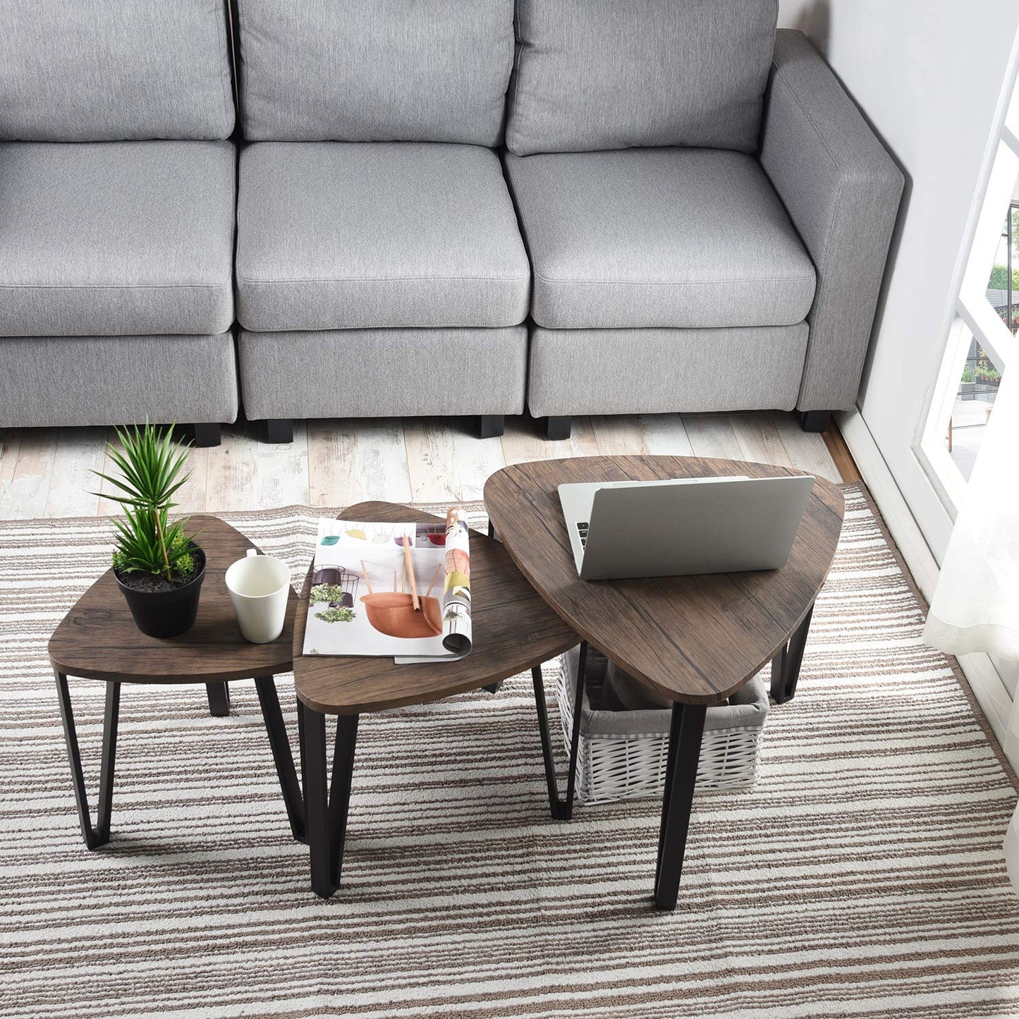 Juego de 3 Mesas Auxiliares Triangulares Mesita Auxiliar Mesa de Centro Marrón