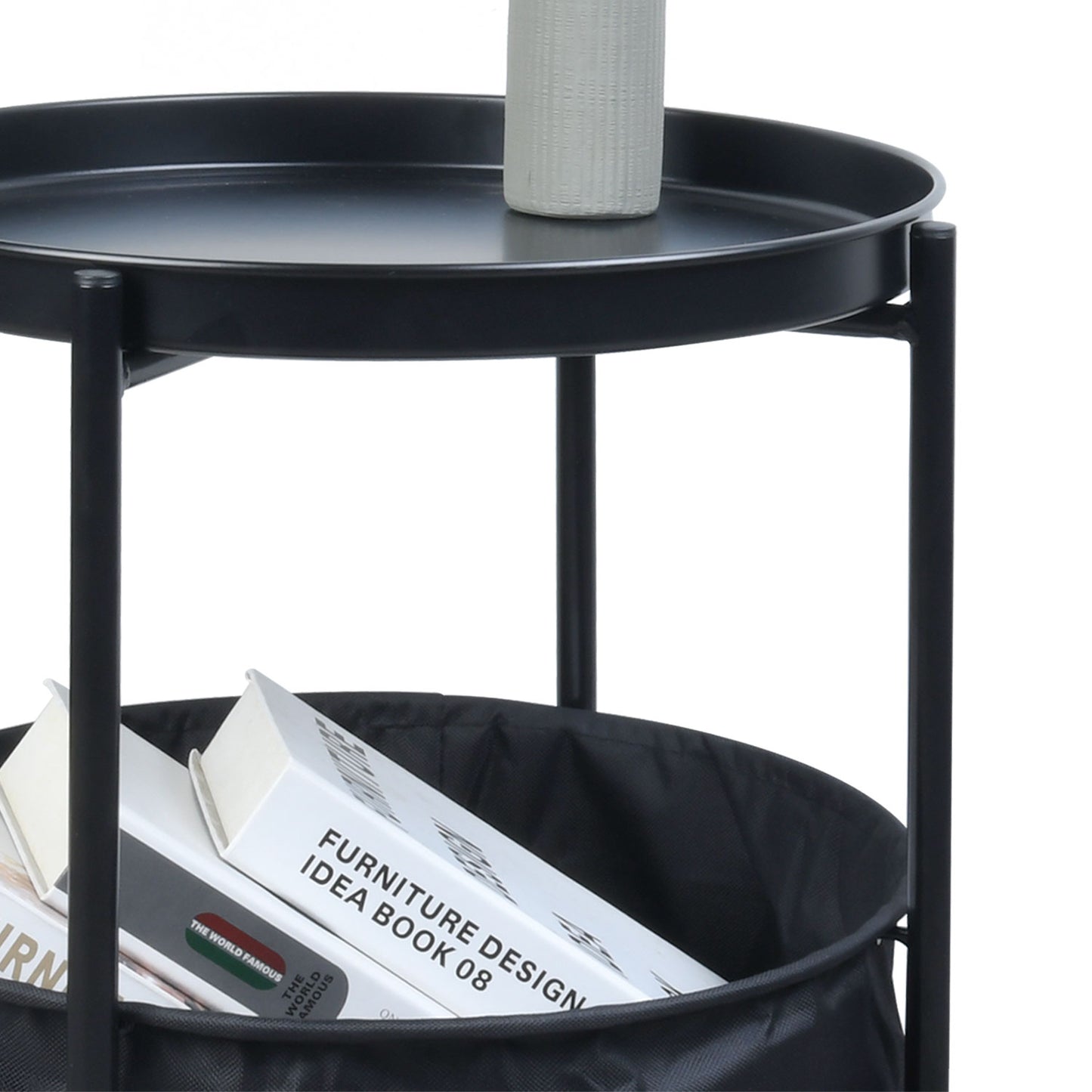 Mesa Auxiliar Redonda con Cesta de Almacenamiento de Tela Negro