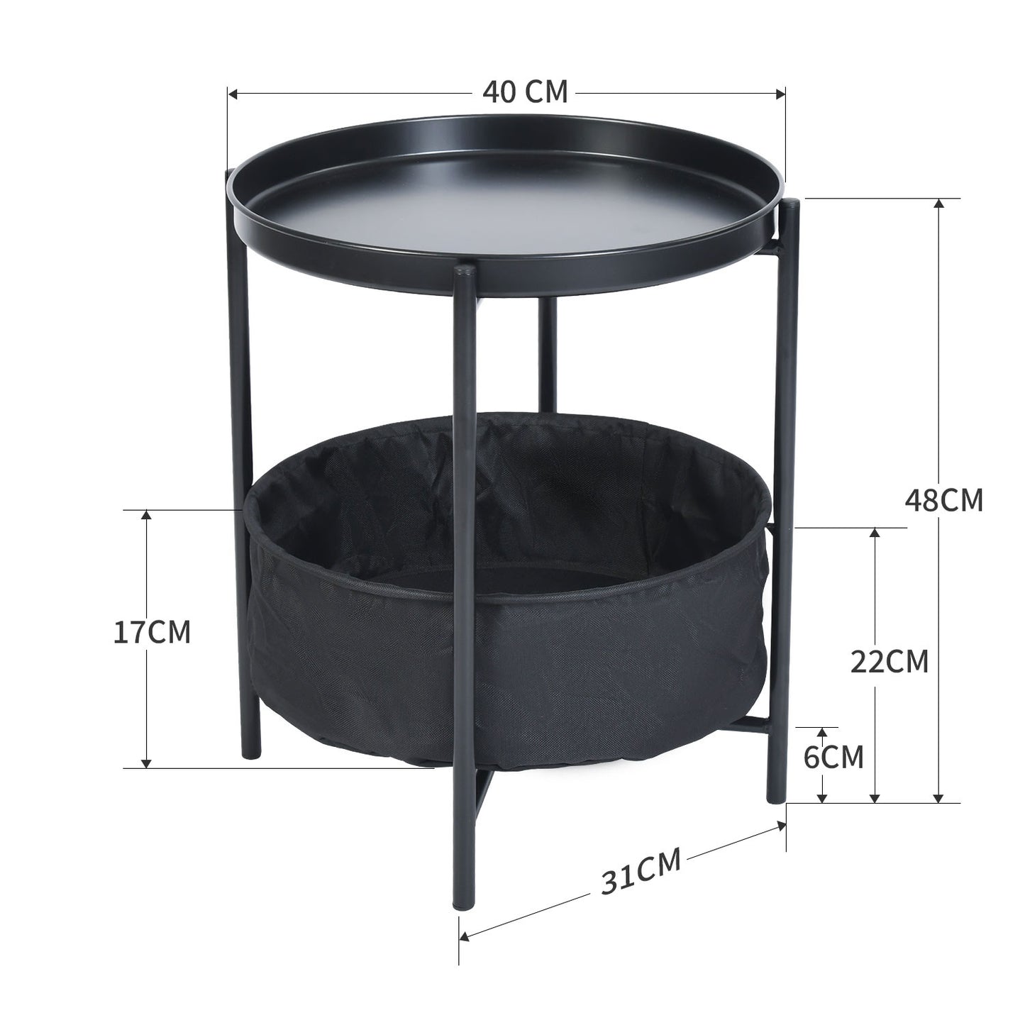 Mesa Auxiliar Redonda con Cesta de Almacenamiento de Tela Negro