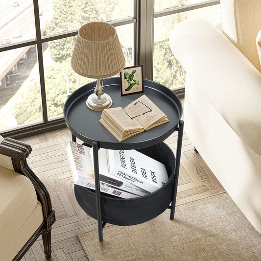 Mesa Auxiliar Redonda con Cesta de Almacenamiento de Tela Negro