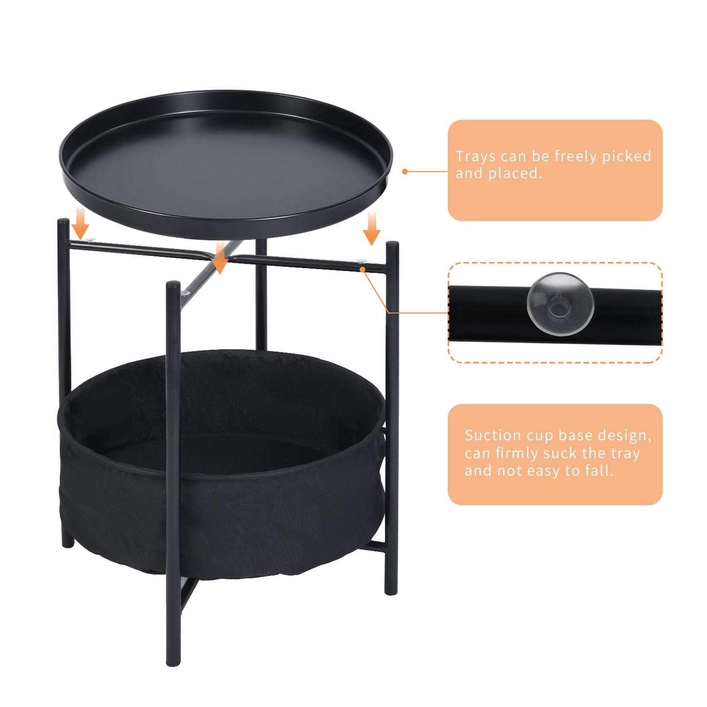 Mesa Auxiliar Redonda con Cesta de Almacenamiento de Tela Negro