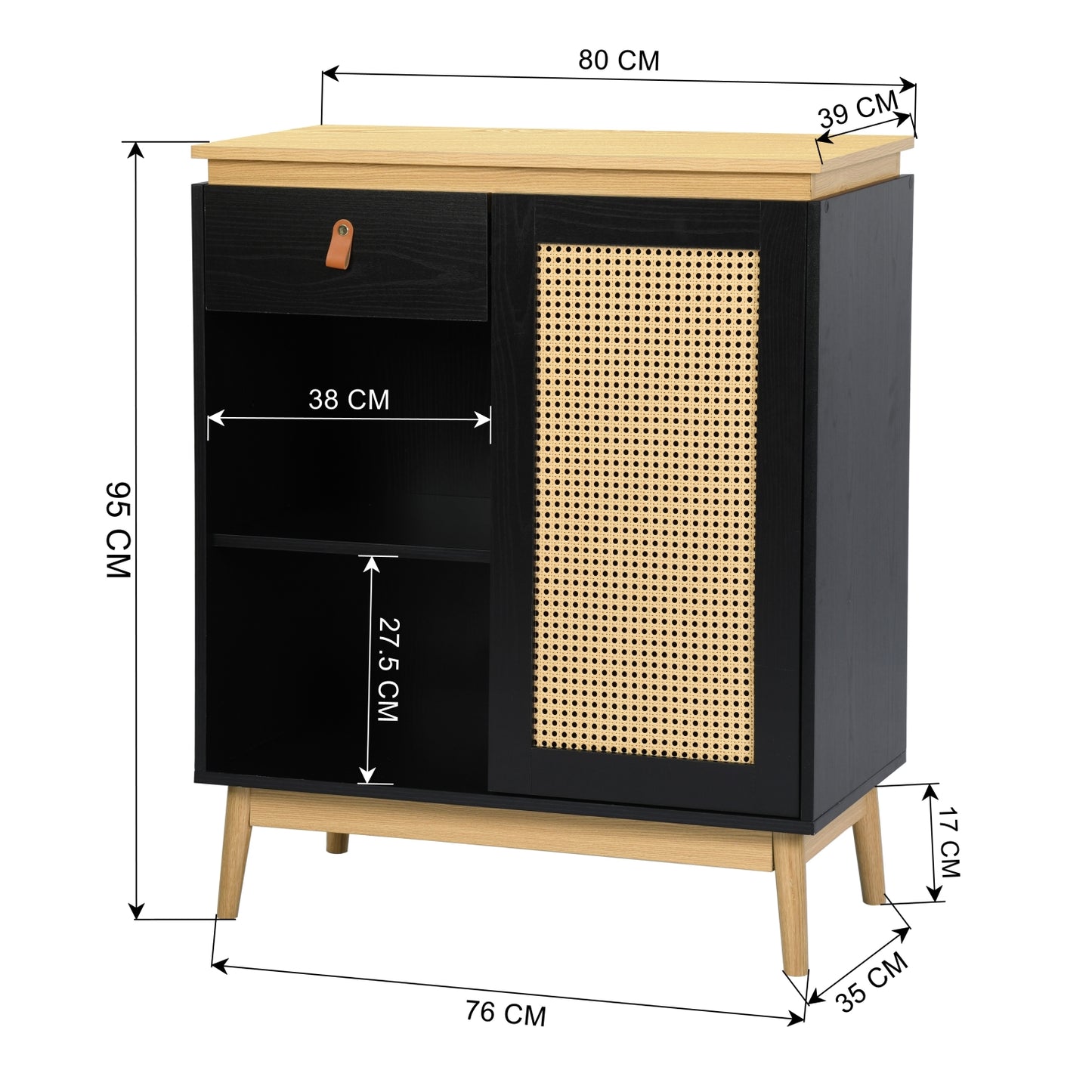 Gabinete de Bufé Aparador, Gabinete de Almacenamiento de Cocina con Puertas Decoradas de Ratán Negro