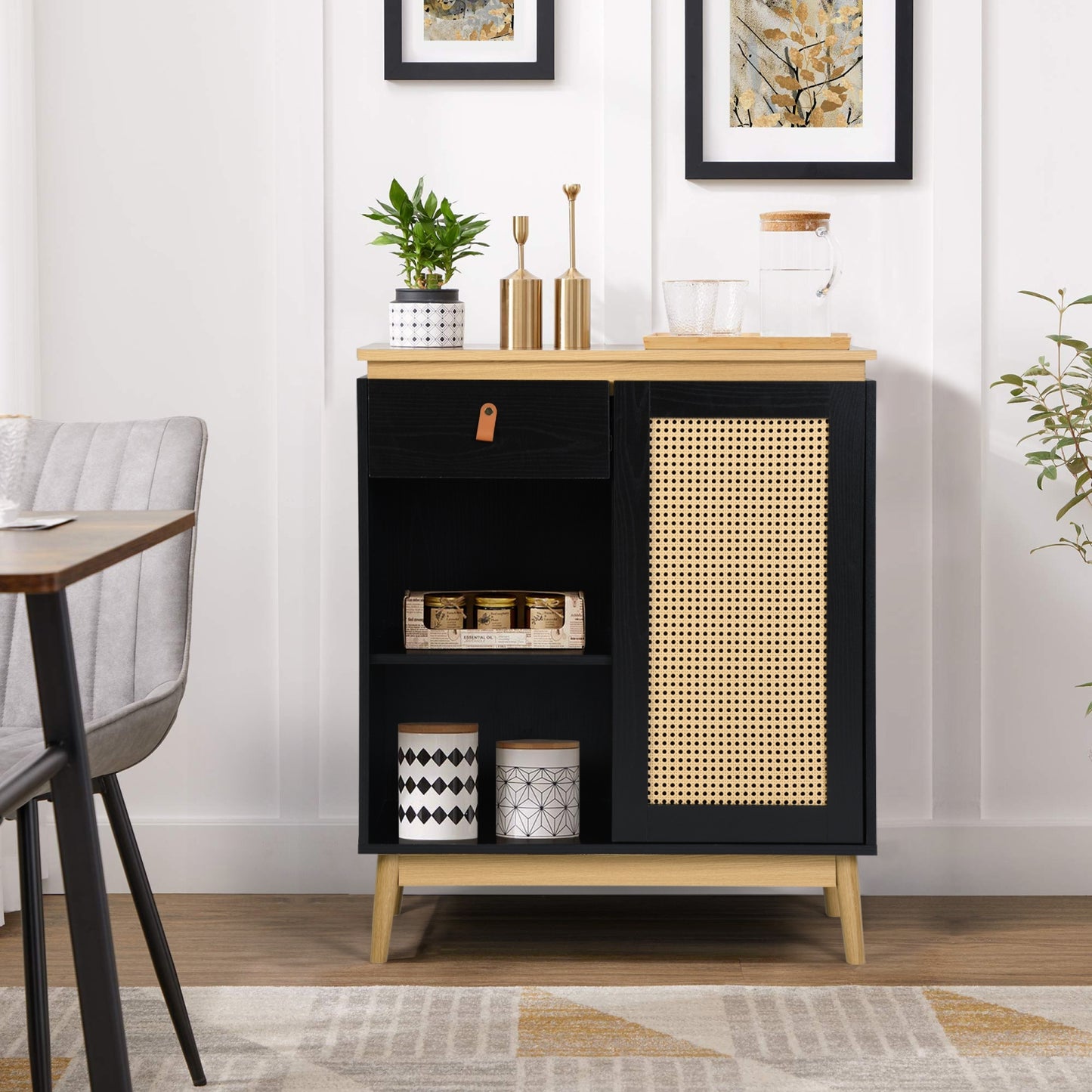 Gabinete de Bufé Aparador, Gabinete de Almacenamiento de Cocina con Puertas Decoradas de Ratán Negro