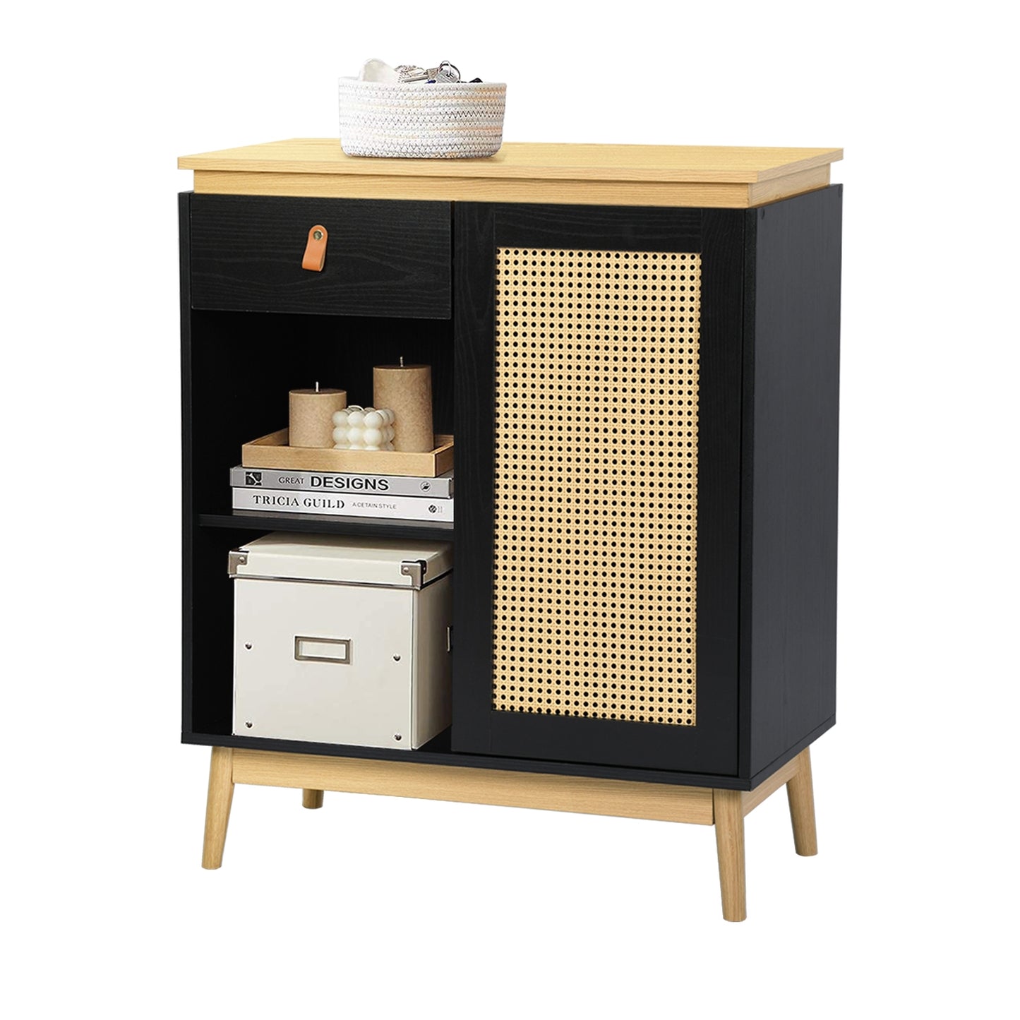 Gabinete de Bufé Aparador, Gabinete de Almacenamiento de Cocina con Puertas Decoradas de Ratán Negro