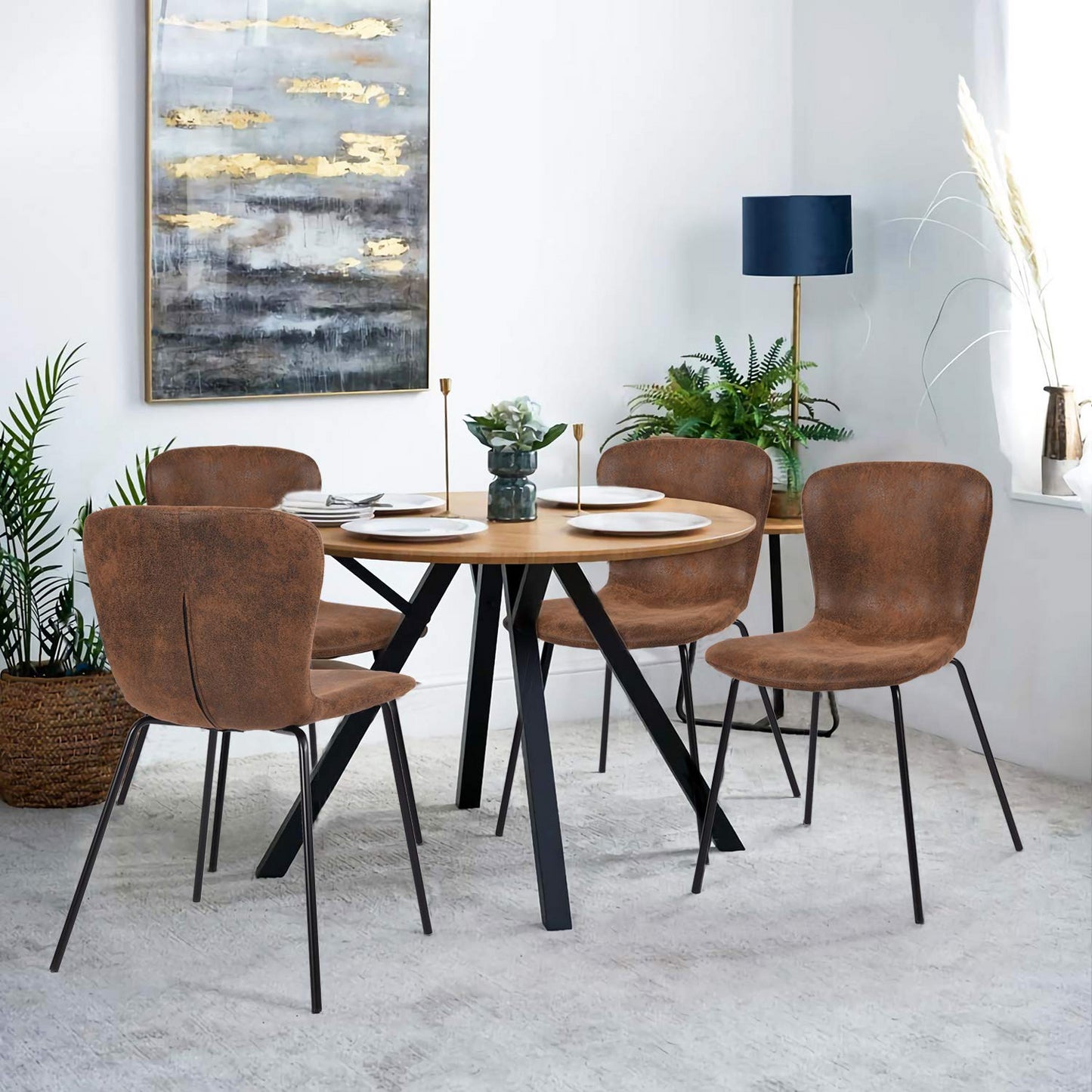 Juego de 4 Sillas de Comedor Patas de Metal | Piel Sintética Suede Café