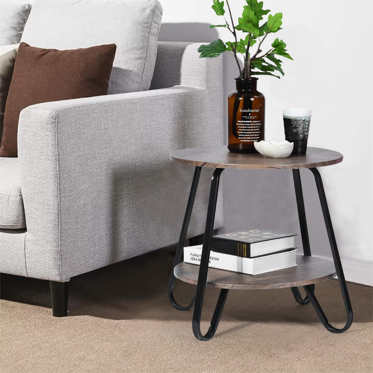 Mesa de Sofá Industrial de Mesa Auxiliar para Sala de Estar Marrón