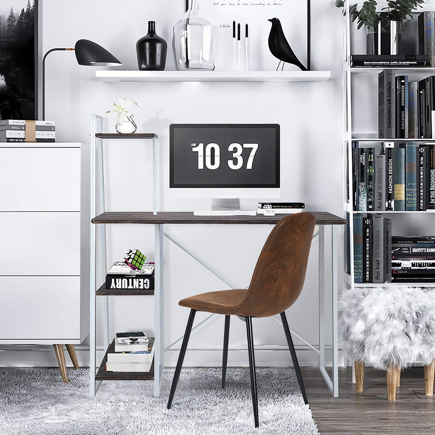 Conjunto de 4 Sillas Vintage Diseño Ergonómico Asiento y Respaldo Acojinado Tapizadas en Piel Sintética Café