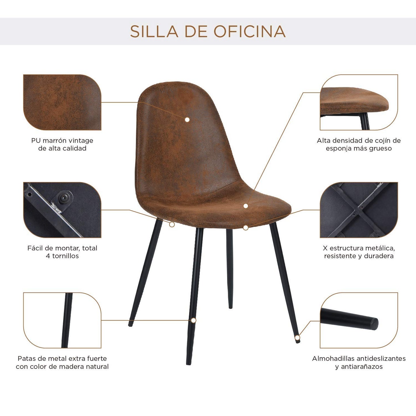 Conjunto de 4 Sillas Vintage Diseño Ergonómico Asiento y Respaldo Acojinado Tapizadas en Piel Sintética Café