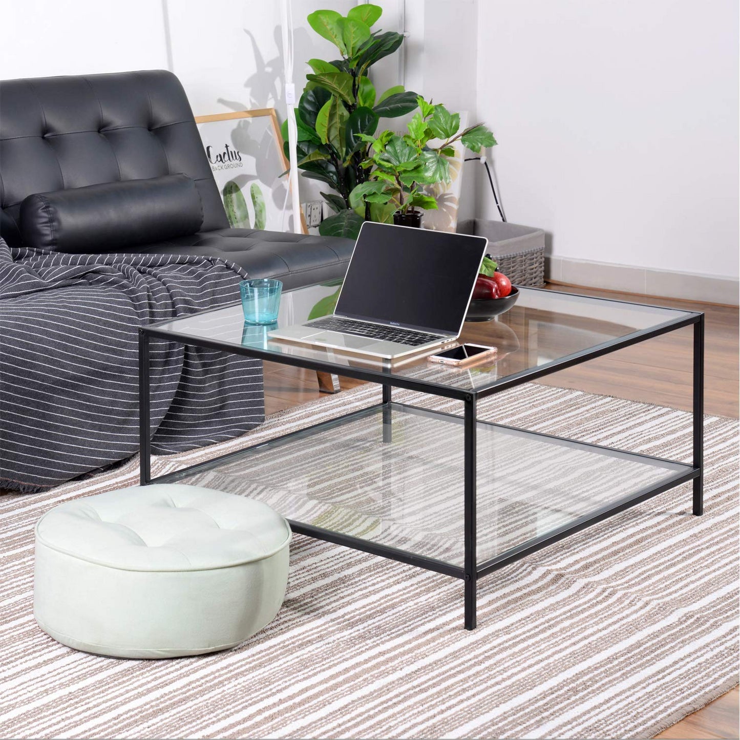 Mesa de Centro Cuadrada, Mesa de cóctel con Tapa de Cristal Templado