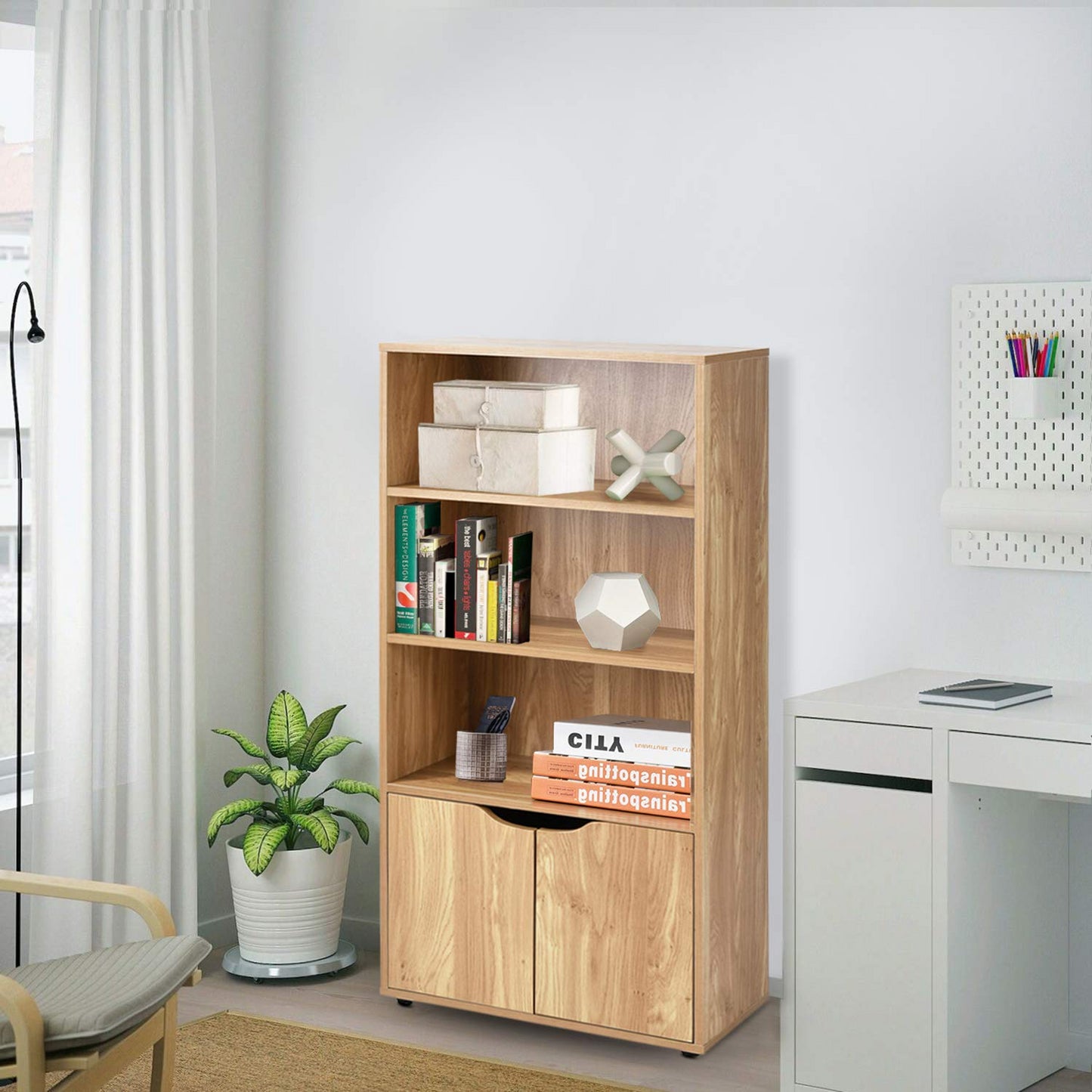 Estantería de Exhibición Independiente Estantería de 3 Niveles con 2 Puertas Haya