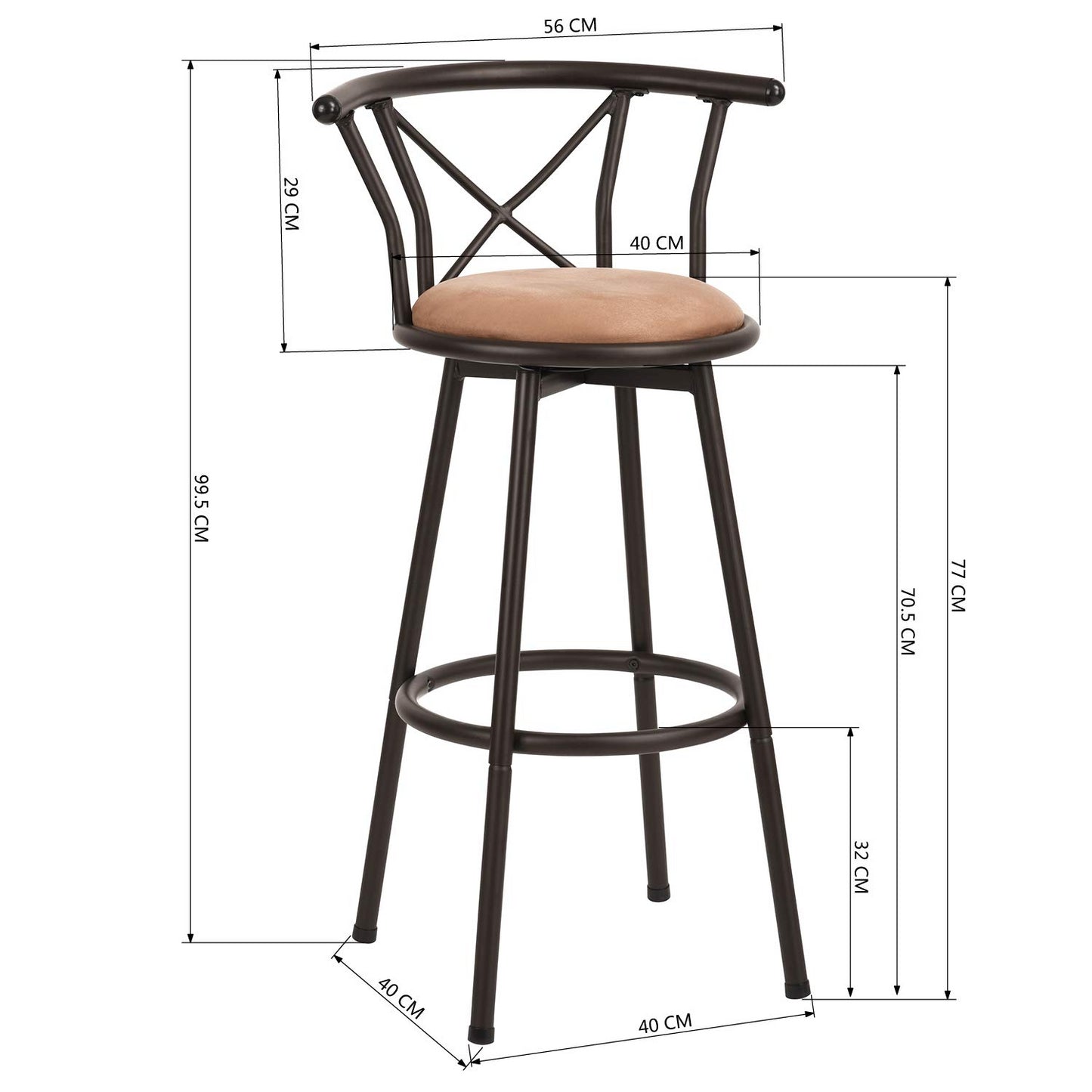 Set de 2 Bancos Altos para Barra Estructura con Recubrimiento Polvo Café Obscuro Asiento Tapizado en Tela Vintage