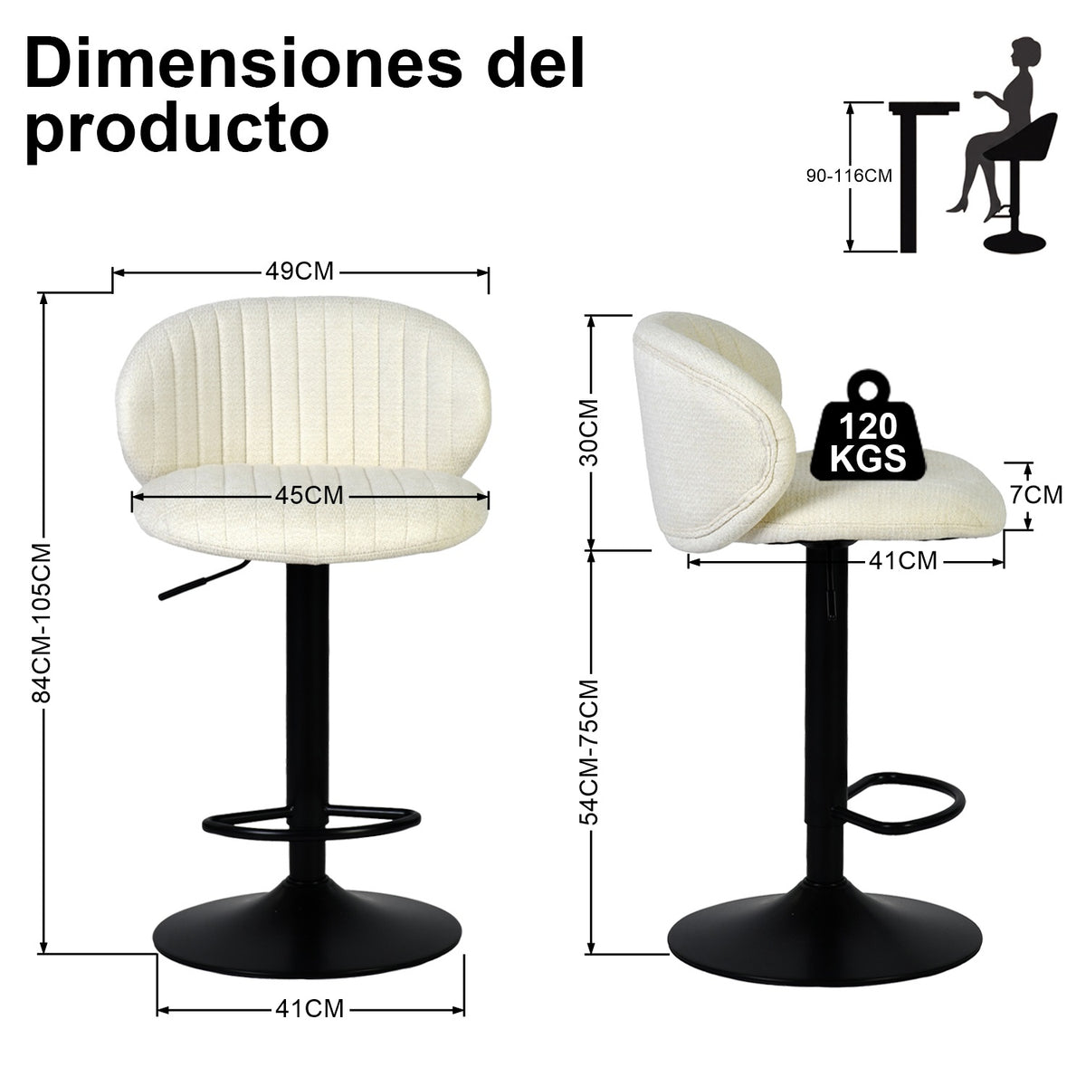 Juego de 2 Bancos para Barra Ajustables y Giratorios Beige - imagen 4