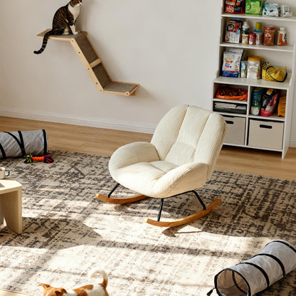 Silla Mecedora Tapizada de Pana Beige con Base de Madera y Metal