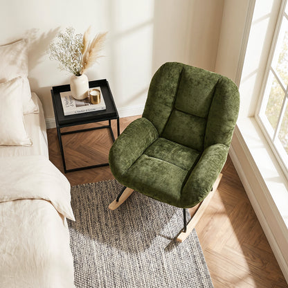 Silla Mecedora Tapizada con Tela Suave y Cómoda Verde con Base de Madera y Metal