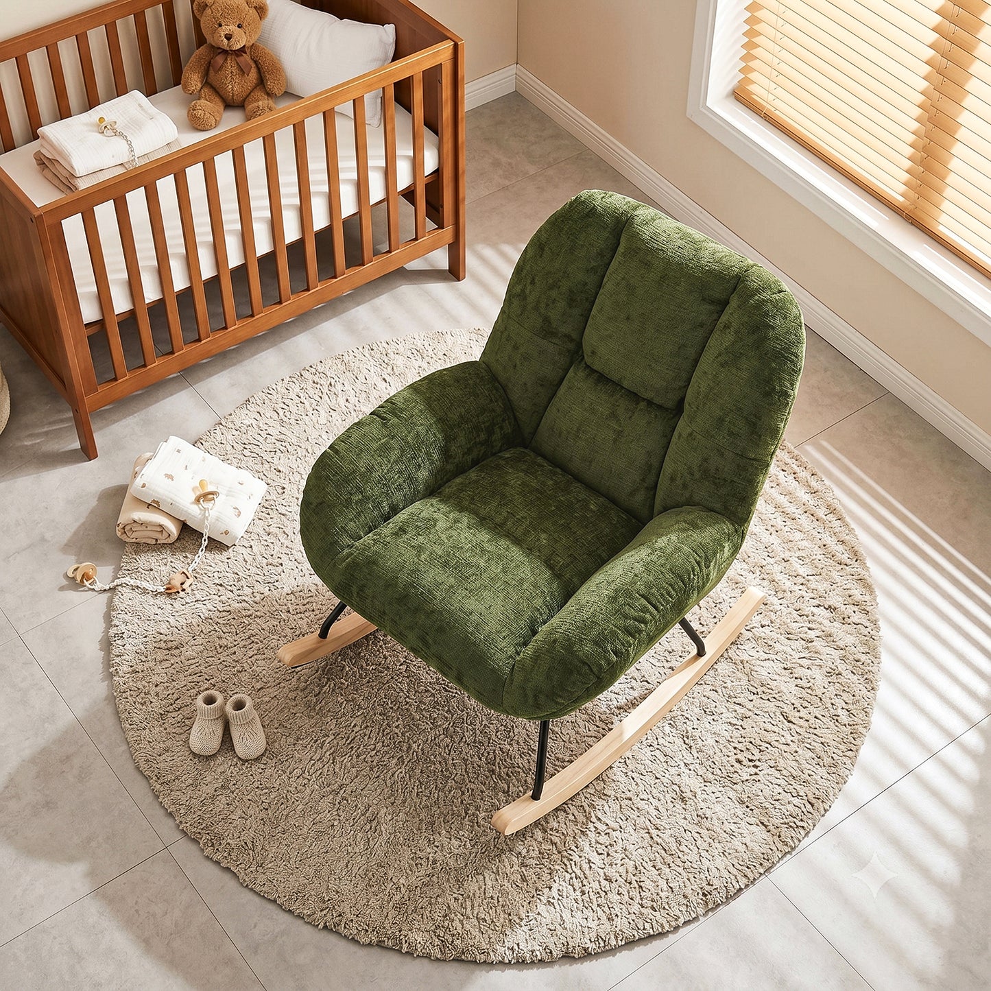 Silla Mecedora Tapizada con Tela Suave y Cómoda Verde con Base de Madera y Metal