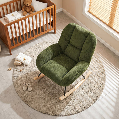 Silla Mecedora Tapizada con Tela Suave y Cómoda Verde con Base de Madera y Metal