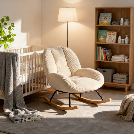 Silla Mecedora Tapizada de Pana Beige con Base de Madera y Metal