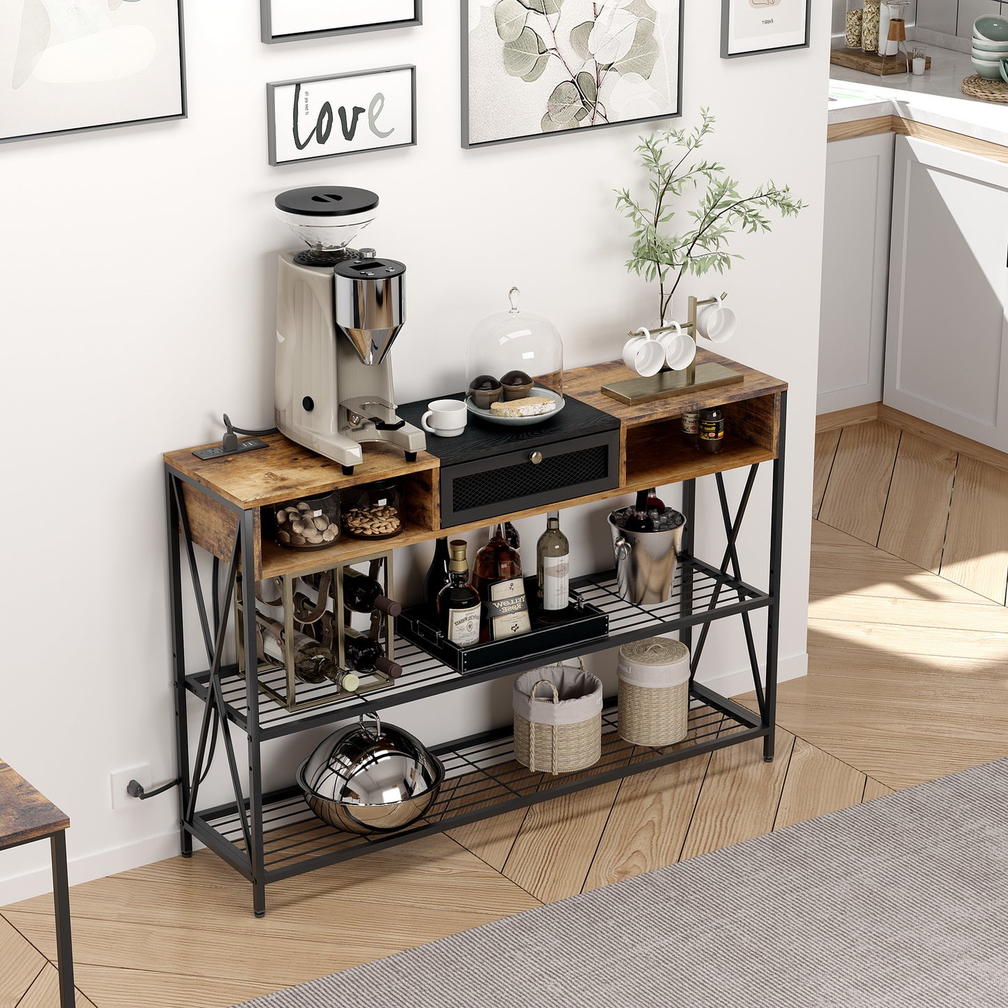 Mesa Consola con Tomacorrientes y Puertos USB Vintage y Negro