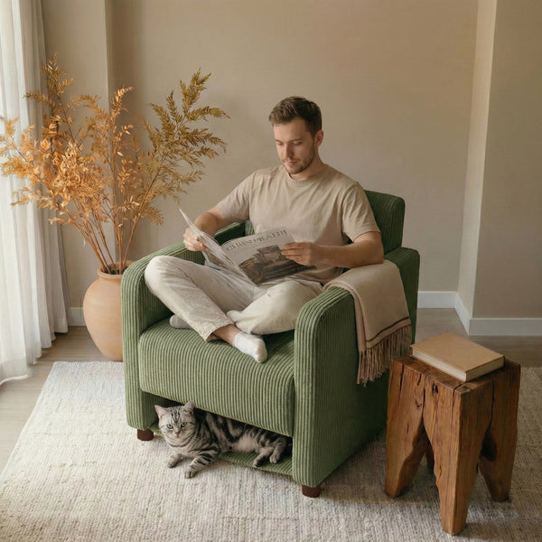 Sillón Individual Moderno de Pana Verde con Espacio para Mascotas