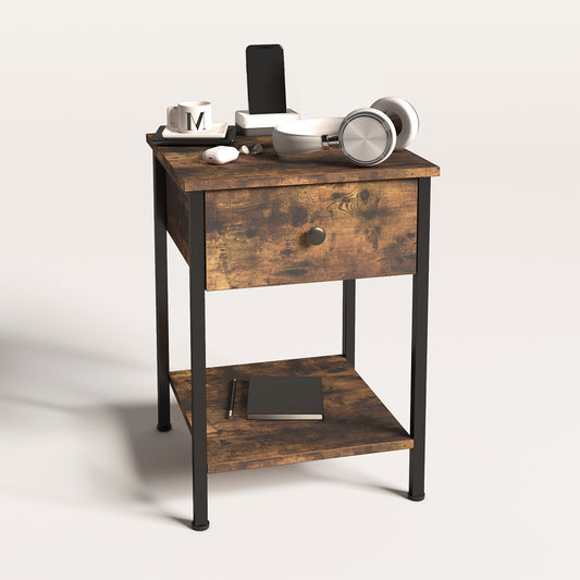 Mesita de Noche, Mesa Auxiliar, Mesa Auxiliar con Cajón y Balda, Dormitorio, Fácil Montaje