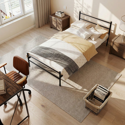 Cama Twin Armazón de Cama de Metal de fácil Montaje con cabecera y pie de Cama Negro