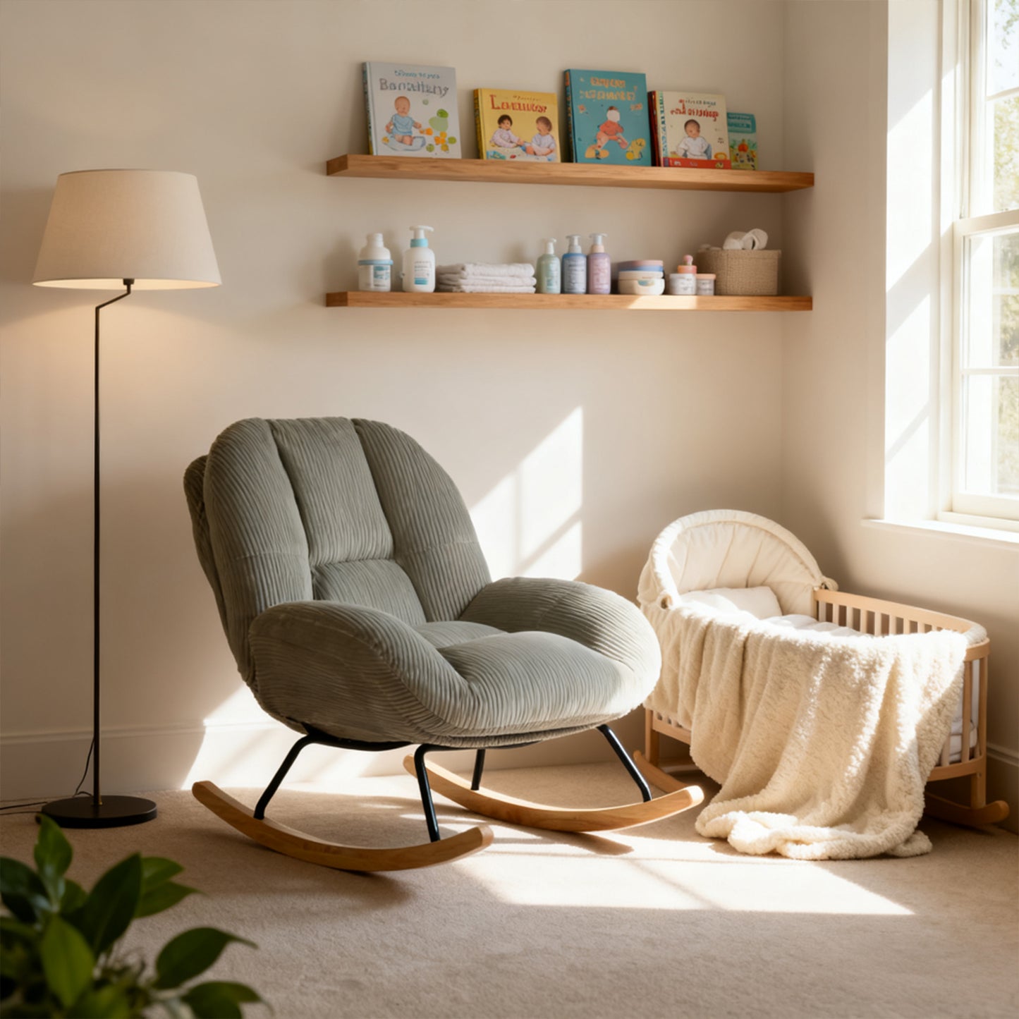 Silla Mecedora Tapizada de Pana Gris con Base de Madera y Metal